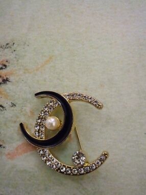 Gold-Tone Black Crescent Pearl & Crystal Brooch